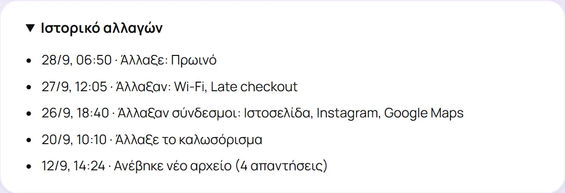 Το ιστορικό αλλαγών της καρτέλας Περιεχόμενο.
